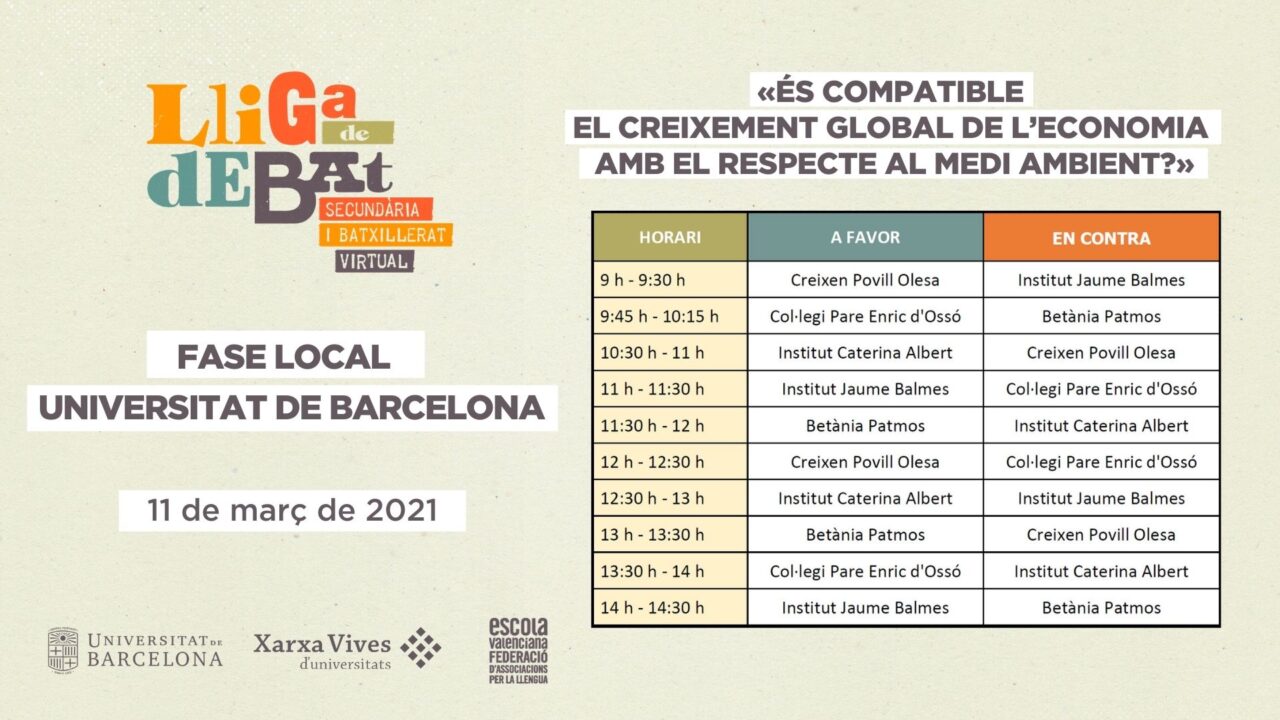 Horaris Lliga de Debat de Secundària i Batxillerat. Fase local UB