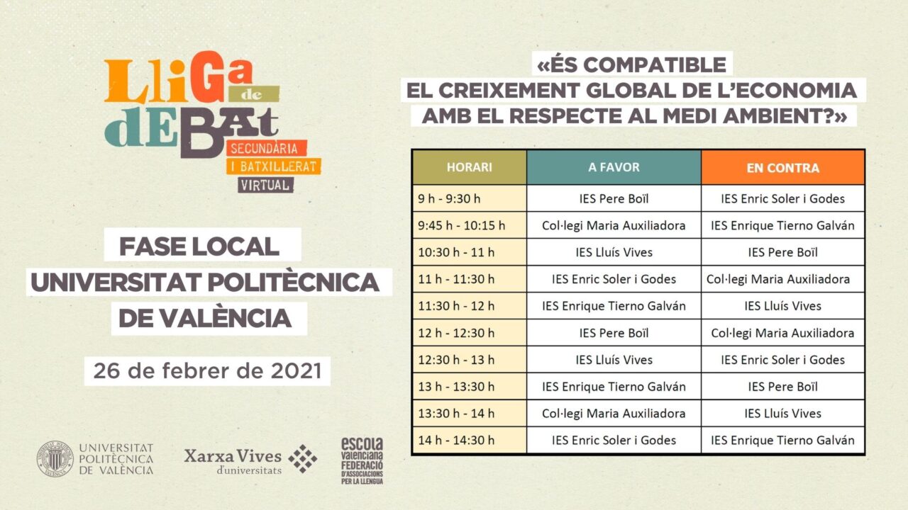 Horaris Lliga de Debat de Secundària i Batxillerat. Fase local UPV