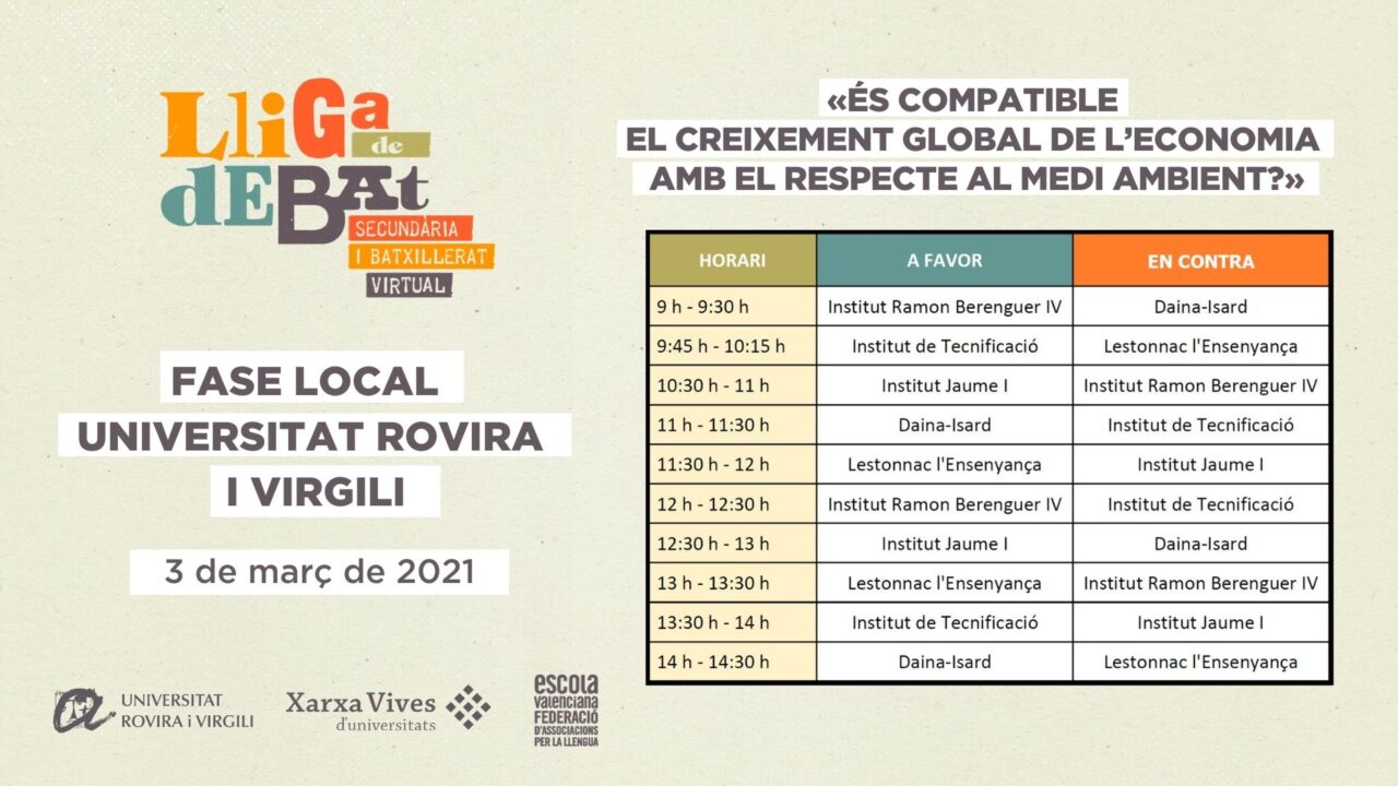 Horaris Lliga de Debat de Secundària i Batxillerat. Fase local URV