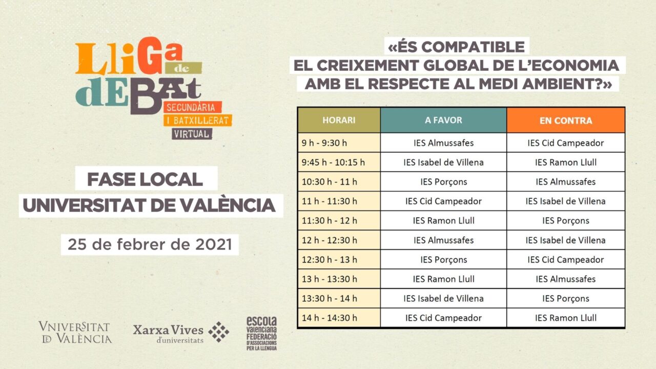 Horaris Lliga de Debat de Secundària i Batxillerat. Fase local UV